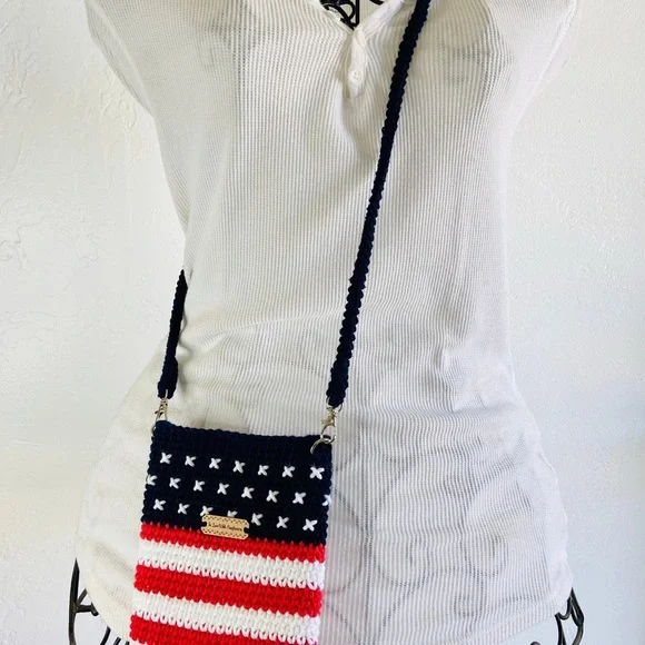 Womens Crossbody Lined Crochet Phone Bag Purse - 4th of July - USA flag - Picture 4 of 11